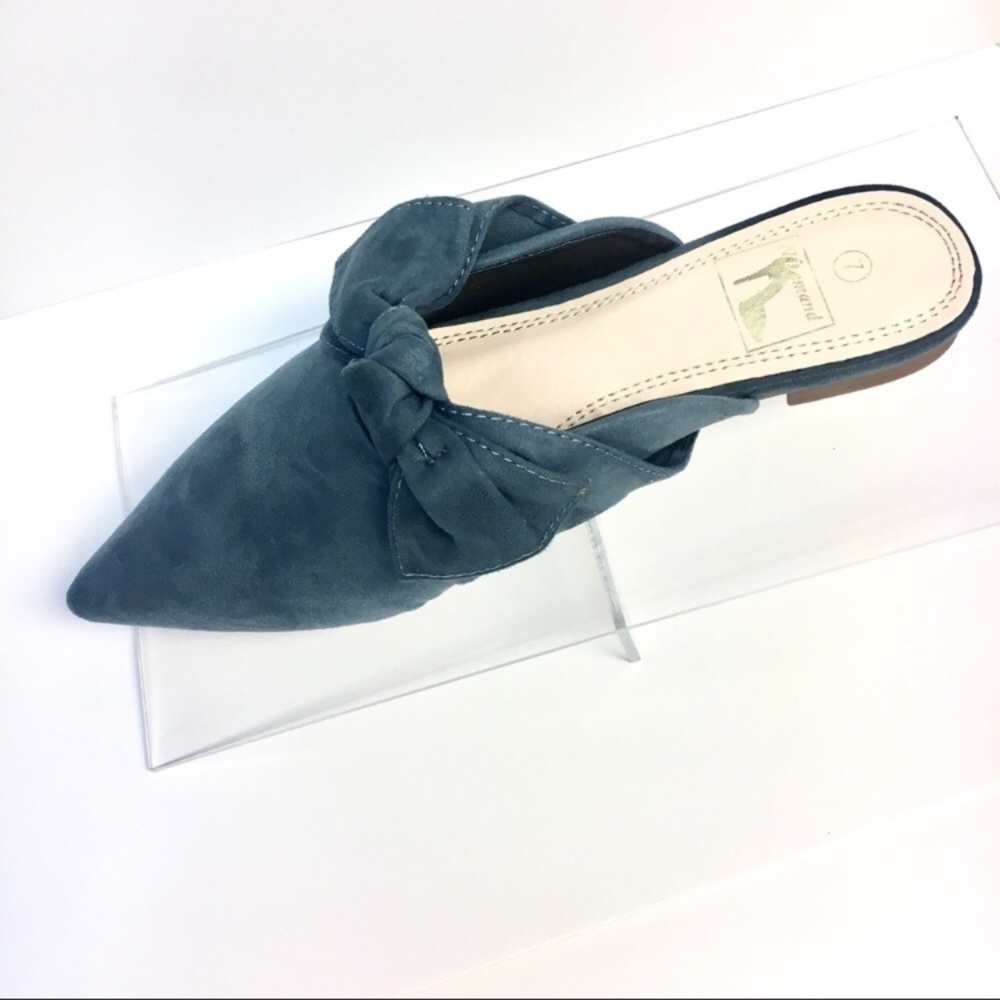 Venetian Teal Bow Mules In Faux Suede - Picture 4 of 8